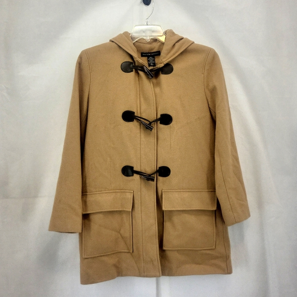 New York & Company Tan Camel Wool Blend Hooded Duffle Coat with Toggles FLAWED
